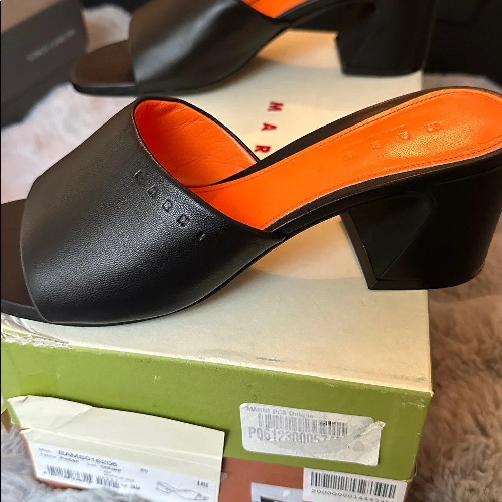 Marni Black Leather Slide Mules with Bright Orange Insole - Picture 6 of 6